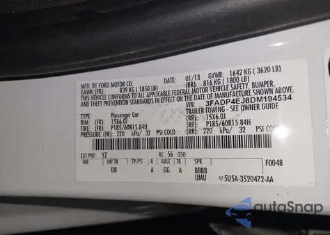 2013 Ford Fiesta Se z USA, uszkodzony, nr VIN 3FADP4EJ8DM194534